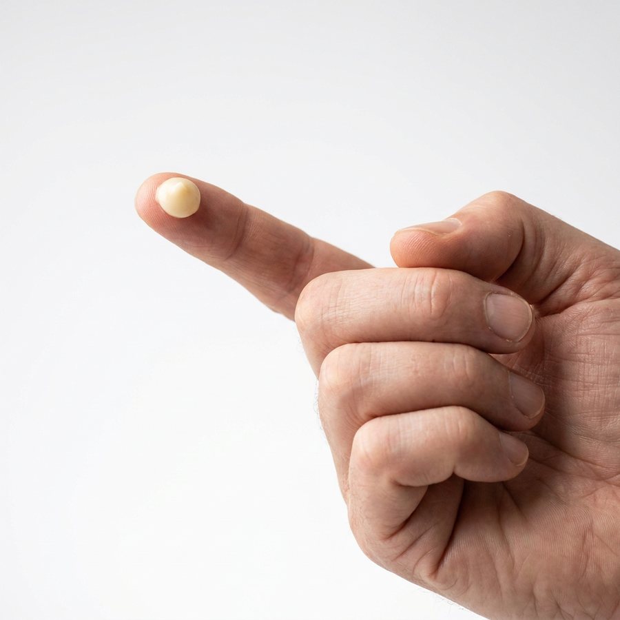 A pea-sized amount of balm on a fingertip